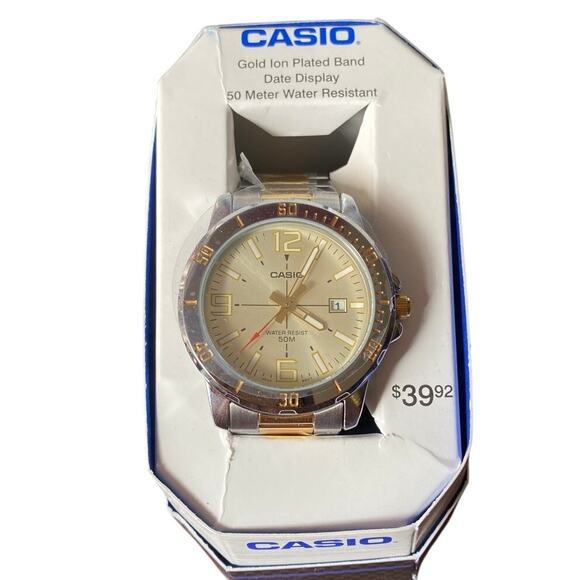 CASIO Two Tone Gold Silver 50M Water Resistant Gold Ion Date MTPVD1SG9B Open Box - Picture 2 of 9